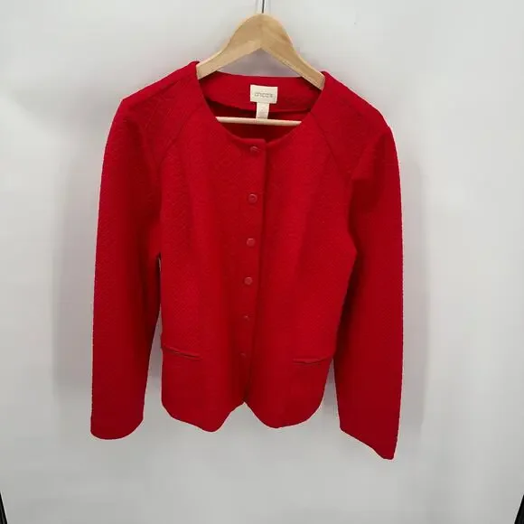 CHICO'S Red Quitled Textured Snap Closure Knit Jacket Blazer // L - Picture 1 of 13